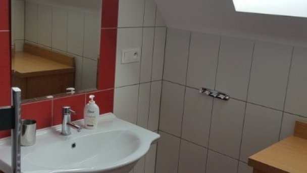 Pohľad na umývadlo vedľa sprchy dvojizbového apartmánu na poschodí