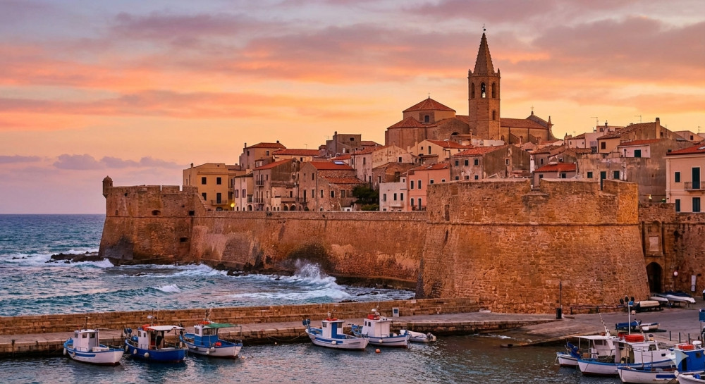 Pohľad na historické hradby a prístav mesta Alghero pri západe slnka.